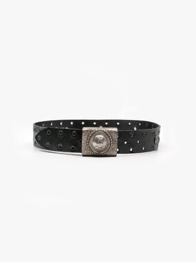 MONDI Vintage Leather Belt Made in Italy Embossed Crest Buckle